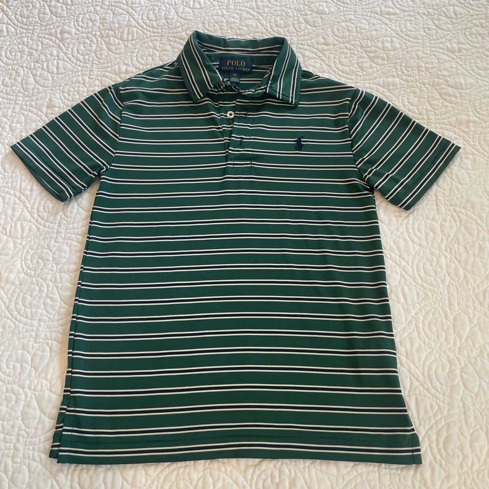 Boys Polo by Ralph Lauren Dark Green Striped Polo Shirt.